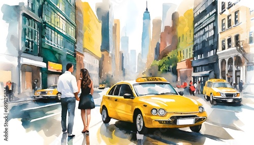 oil painting on canvas, street view of New York, man and woman, yellow taxi, modern Artwork, watercolor illustration New York © kowshik