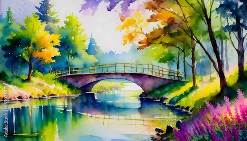 watercolor contryside bridge with lots of trees  photo