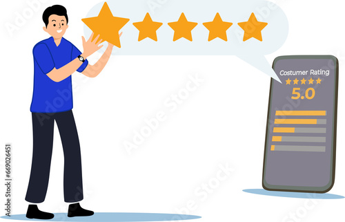 customer giving five 5 feedback review. giving product review satisfaction