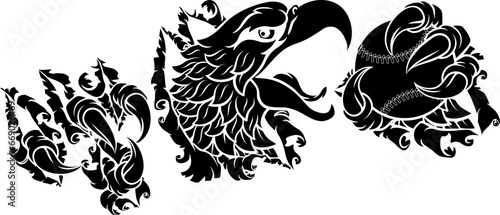 A bald eagle or hawk with claw talons holding a baseball ball and ripping or tearing through the background. Sports Mascot