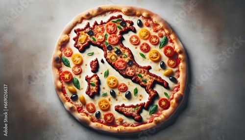 Creative representation of Italy through culinary art, with a pizza that portrays the shape of the nation using delicious ingredients.