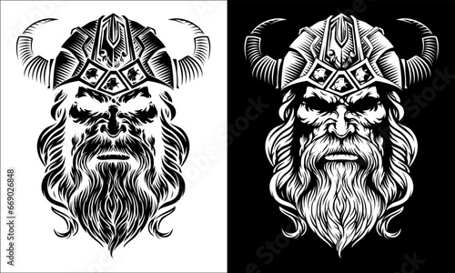 A Viking warrior or barbarian gladiator man mascot face looking strong wearing a helmet. In a retro vintage woodcut style.