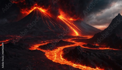 landscape with a volcanic eruption at night