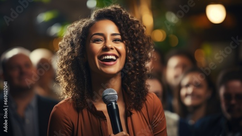 african american women speaker or speaking with coworkers in conference room. Communication and information concept, workshop, speech, 