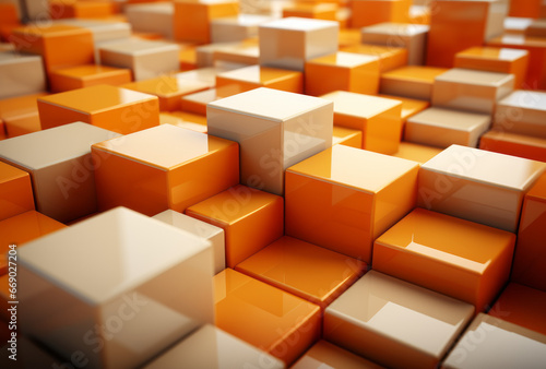 A large block wall  resembling three-dimensional puzzles  composed of soft  rounded orange squares in a minimalistic style  forming piles and stacks.