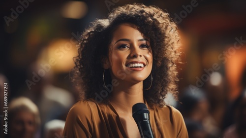  black woman or speaker speaking with coworkers in conference room. African businesswoman talking to the public over the microphone, giving the lecture. Workshop, speech 