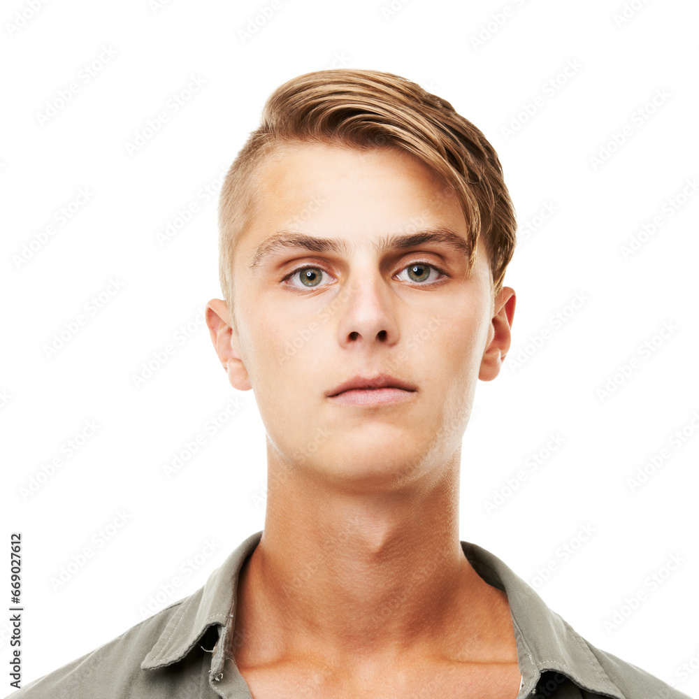 Young man, portrait and face with hairstyle, serious or blank stare isolated against a white studio background. Attractive, Gen z or handsome male person or model looking with no facial expression Young man, portrait and face with hairstyle, serious or blank stare isolated against a white studio background. Attractive, Gen z or handsome male person or model looking with no facial expression
