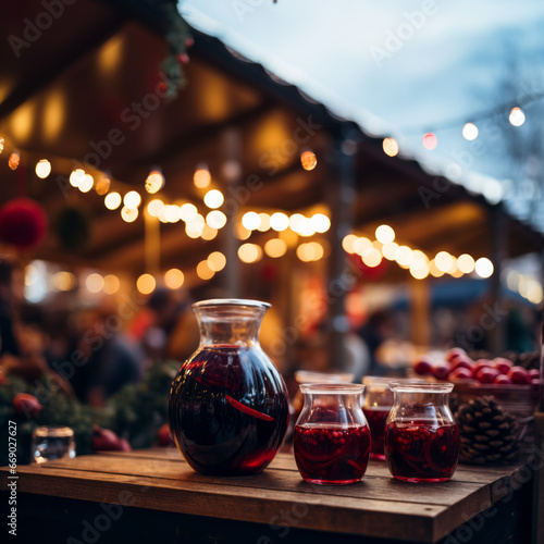 A drink at the Christmas market, featuring light crimson and dark brown tones, with light-filled scenes and dark navy and dark brown accents, capturing the essence of the season.
