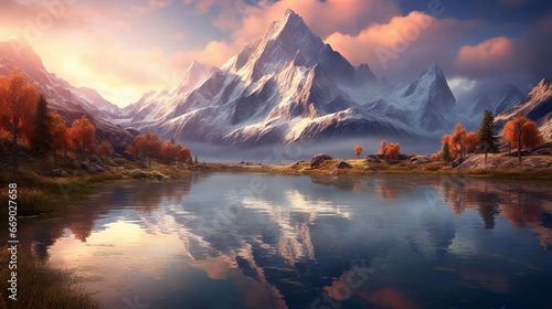 The mirror-like reflection of a majestic mountain in the calm waters of a secluded lake. © Ahmad