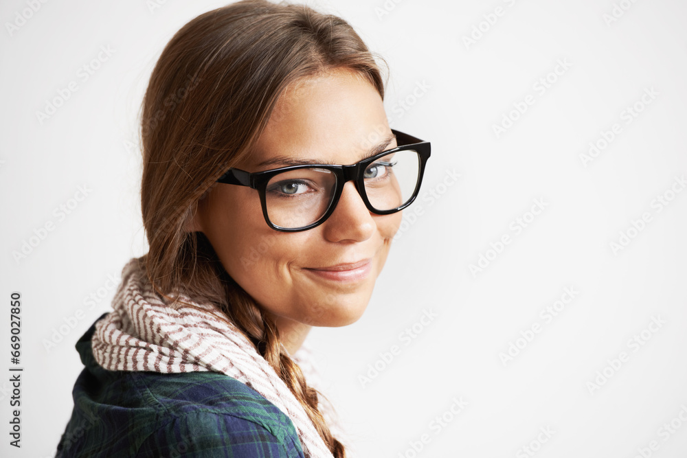 Portrait, smile and woman in glasses for fashion in studio isolated on a white background mockup. Face, eyewear and happy girl, model and attractive person in style, cool and vision in Switzerland Portrait, smile and woman in glasses for fashion in studio isolated on a white background mockup. Face, eyewear and happy girl, model and attractive person in style, cool and vision in Switzerland