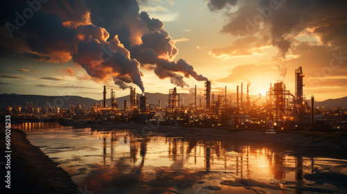 A sunset with an oil refinery in the background, with intense shadows and a photorealistic pastiche, creating a spatial composition.
