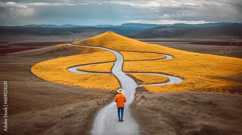 Man facing the decision of taking the easy way or the hard and long way to his destination photo