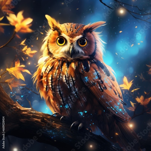 Fantasy owl on branch with shining stars