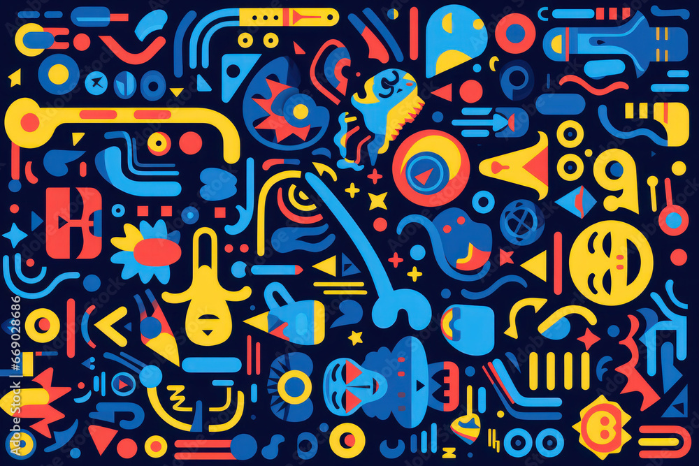 Abstract Pattern with Multicolored Shapes on Blue Surface
