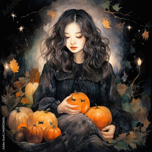 A woman is holding pumpkins and leaves in the corner of her hands