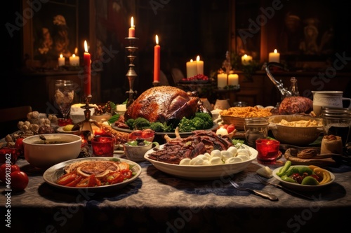 Christmas food on the table. Festive Thanksgiving dinner.  Turkey and appetizers traditional serving.  © Dina