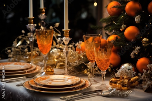 festive christmas dinner table setting in orange color palette