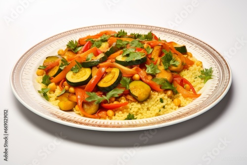 Photo of a serving of Moroccan couscous with vegetables on a pure white desk. Generative AI