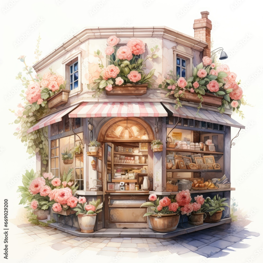 Watercolor bakery with flower arrangement