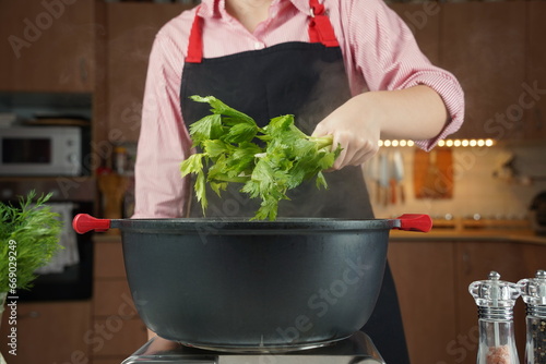 Woman adding fresh celery at chicken soup, chicken broth, in a pot. Healthy food concept