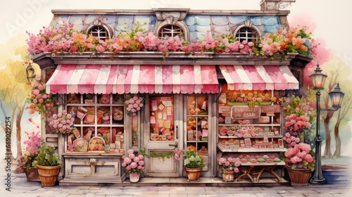 Watercolor bakery with flower arrangement