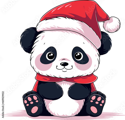 Cute cartoon panda wearing Santa hat, Christmas panda, New Year panda