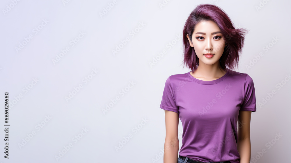 Asian woman wearing purple t-shirt isolated on gray background Asian woman wearing purple t-shirt isolated on gray background