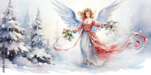 Beautiful angel hand holding flowers Merry Christmas and Happy New Year Cute Christmas Angel Magic Snowflakes Angel's with Christmas background 