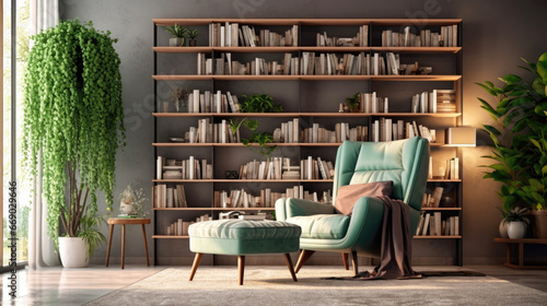 American bookcase with turquoise armchair in cozy interior