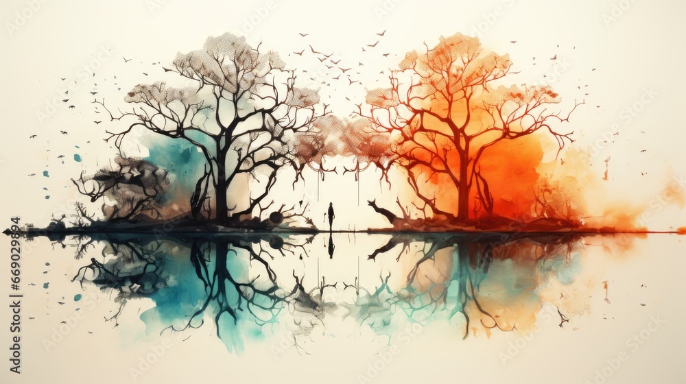 Large trees reflect in the water in a magical background