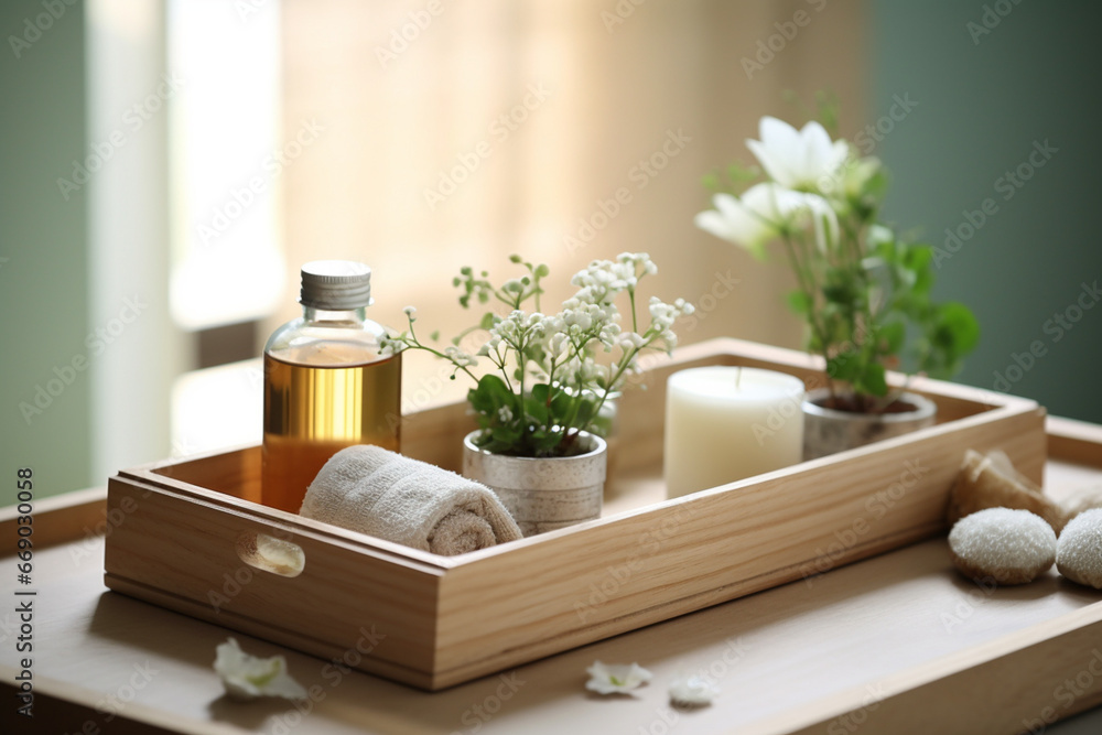 Wooden bath tray with herbal massage bags and bathroom amenities on tub indoors