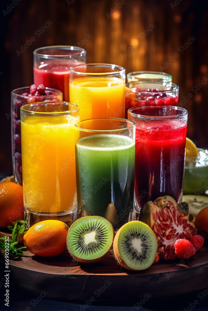 Variety of fresh fruit juices on a wooden background. Selective focus. Glasses with tasty juice on table, closeup. Healthy diet Variety of fresh fruit juices on a wooden background. Selective focus. Glasses with tasty juice on table, closeup. Healthy diet