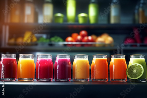 Glasses with different healthy smoothies on wooden table, closeup. Variety of fresh fruit juices on a wooden background. Selective focus.