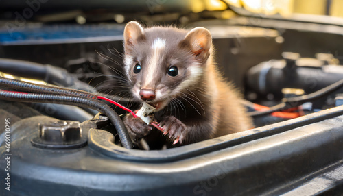 Stone marten damaging cables in the engine compartment of a car, generative ai	 photo