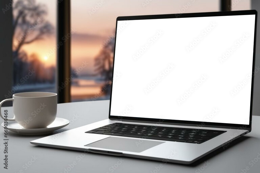 Fototapeta premium Mockup of modern laptop screen on table. Cozy winter snowy season. 
