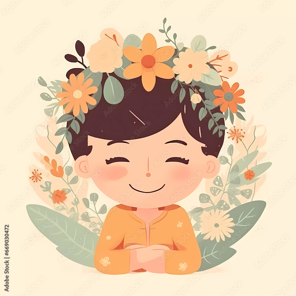 Closed eyes kid with flowers on head smile and practicing meditation.mindfulness concept.flat illustration.