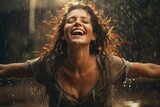 Young woman dancing in the rain, joyfully embracing the moment.