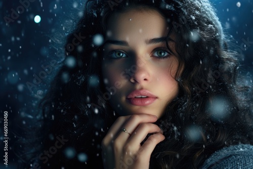 Young woman enjoying solitude in a winter wonderland, snowflakes gently touching her face.