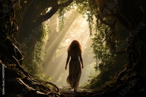 Young woman in an enchanting forest, lost amidst towering ancient trees.