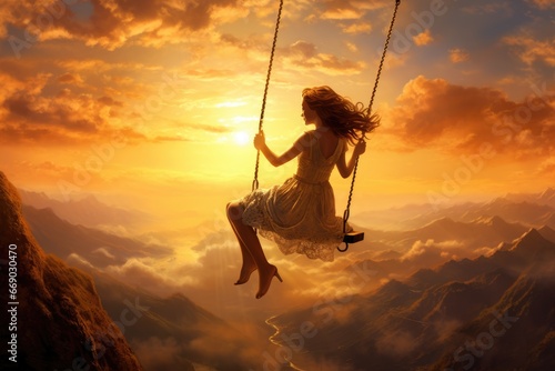 Young woman on a swing, soaring high in the backdrop of a golden sunset.
