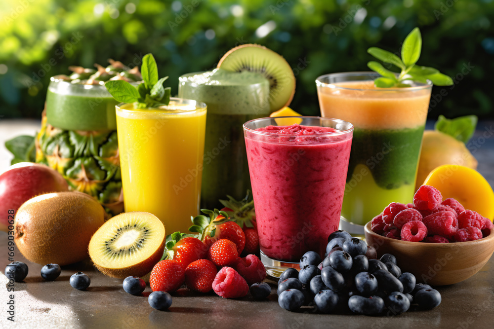 Glasses with different healthy smoothies on wooden table, closeup. Variety of fresh fruit juices on a wooden background. Selective focus. Glasses with different healthy smoothies on wooden table, closeup. Variety of fresh fruit juices on a wooden background. Selective focus.