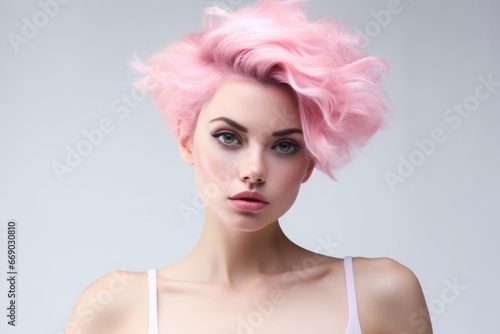 a macro close-up studio fashion portrait of a face of a young woman with perfect skin, pink hair and immaculate make-up. White background. Skin beauty and hormonal female health concept