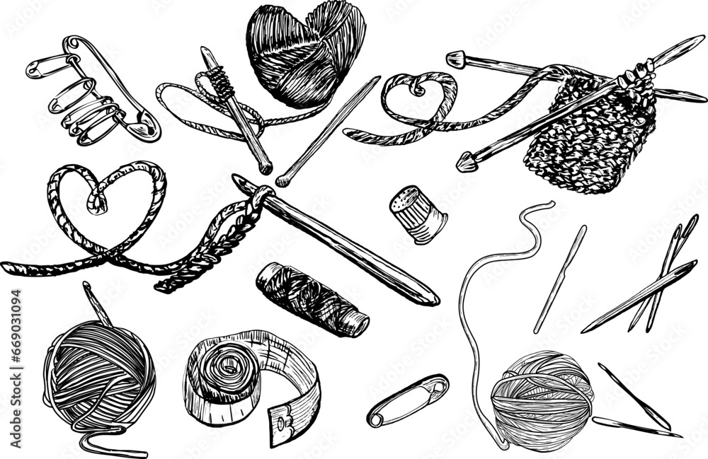 set of hand drawn accessories for knitting and crocheting  - obrazy, fototapety, plakaty 
