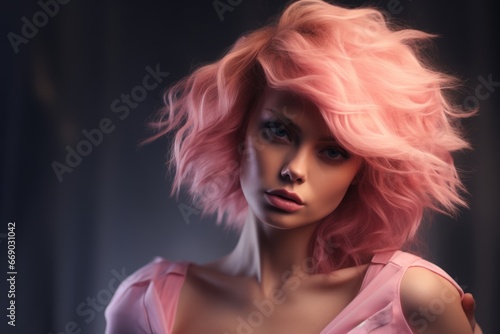 a macro close-up studio fashion portrait of a face of a young woman with perfect skin, pink hair and immaculate make-up. Dark background. Skin beauty and hormonal female health concept