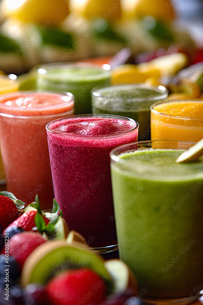 Glasses with different healthy smoothies on wooden table, closeup. Variety of fresh fruit juices on a wooden background. Selective focus. Glasses with different healthy smoothies on wooden table, closeup. Variety of fresh fruit juices on a wooden background. Selective focus.