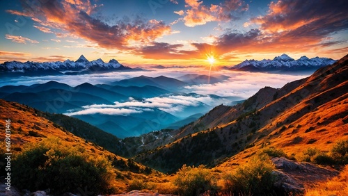 Stunning sunrise in the mountains  warm light. Generative AI 
