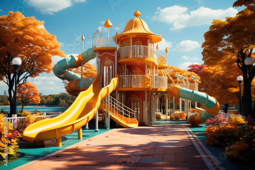 Colorful outdoor playground on yard in the park at autumn