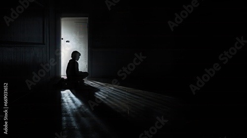 A silhouette of a person sitting in a dark hallway indoor
