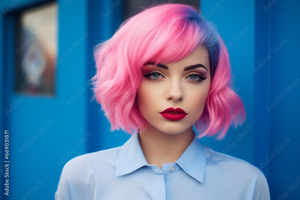 a macro close-up studio fashion portrait of a face of a young woman with perfect skin, pink hair and immaculate make-up. Blue background. Skin beauty and hormonal female health concept a macro close-up studio fashion portrait of a face of a young woman with perfect skin, pink hair and immaculate make-up. Blue background. Skin beauty and hormonal female health concept