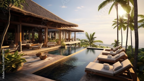 luxury bali villa with sea views, sunbeds and swimming pool. traveling asia, summer vacation. AI